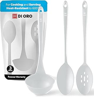 DI ORO Silicone Ladle & Spoons for Cooking – Large Kitchen Spoons for Mixing, Serving, & Stirring - Soup Ladle with Wide Bowl - High Heat Silicone Kitchen Utensils for Nonstick Cookware Safe (Stone)