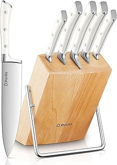 D.Perlla 6 Pieces Kitchen Knife Set Knife Block Set with High Carbon German Stainless Steel, Sharp Knife Set with Stylish Wooden Block, White