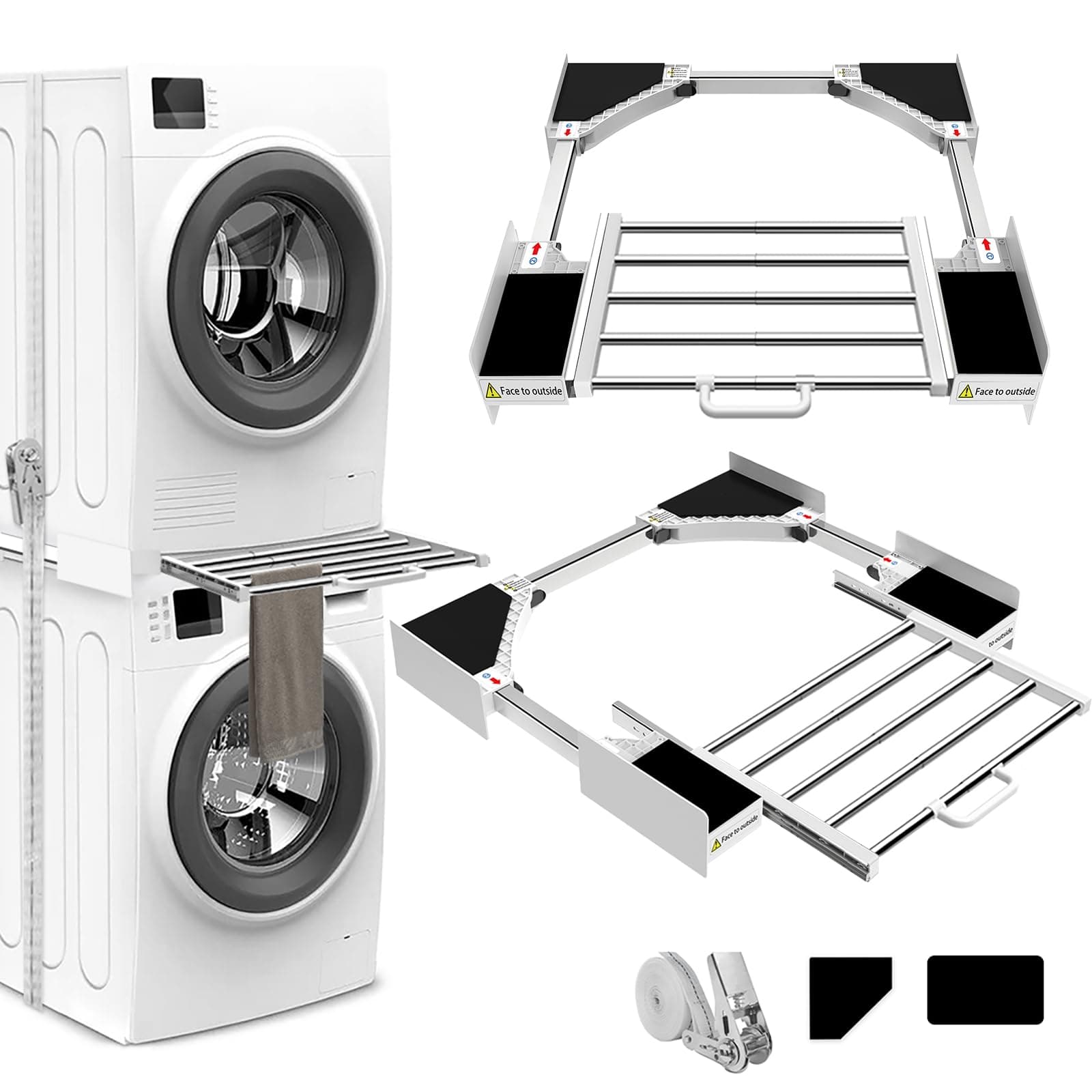NIUXX Universal Stacking Kit for Washer and Dryer, Adjustable Stacking Shelf Kit Fit for 53-68 cm Washing Machine and Tumble Dryers, Drawer Stacking Shelf with Ratchet Ropes and Anti Vibration Feet
