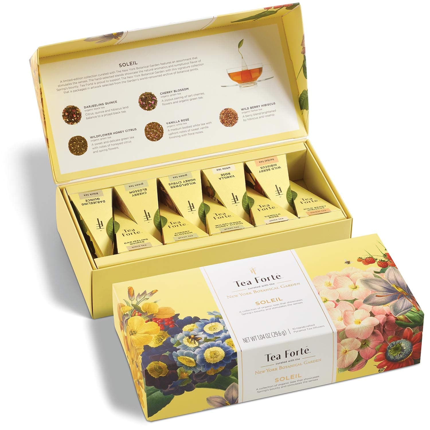 Tea ForteSoleil Petite Presentation Box Tea Gift Set Sampler, 10 Count, 2 of Each Variety Individually Wrapped Handcrafted Pyramid Infuser Bags