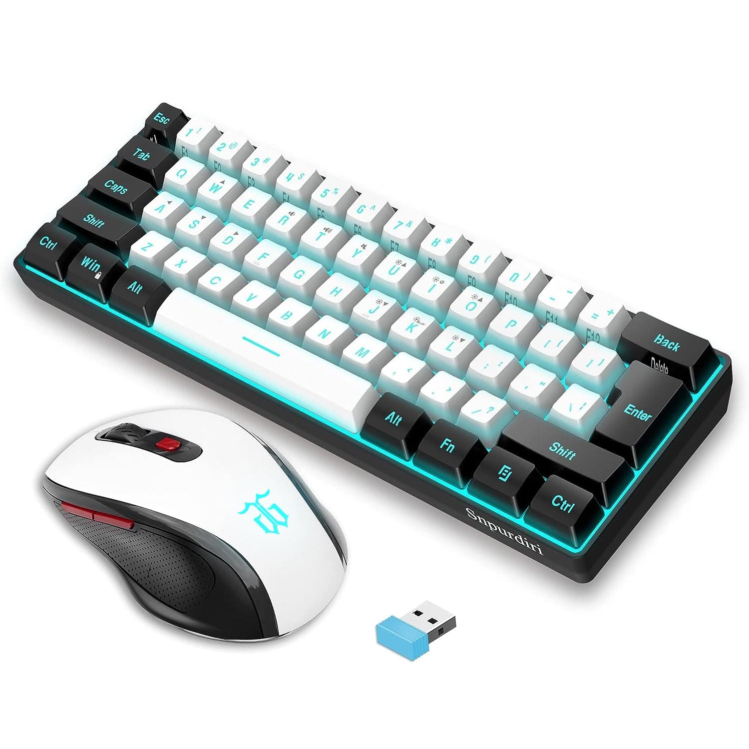 Snpurdiri 2.4G Wireless Gaming Keyboard and Mouse Combo, Include Mini 60% Merchanical Feel RGB Backlit Keyboard, Ergonomic Vertical Feel Small Wireless Mouse(Black and White)