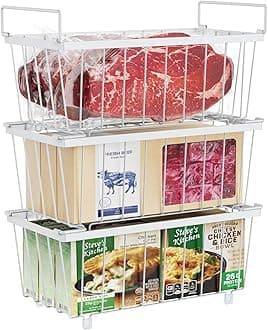 iSPECLE Chest Freezer Organizer Bins - Fits 7 Cu.Ft Deep Freezer, 3 Pack Stackable Wire Baskets(14.7" Length), Heavy Duty Coated Freezer Organizer, Rust Resistant for Frozen Food Sorting, White