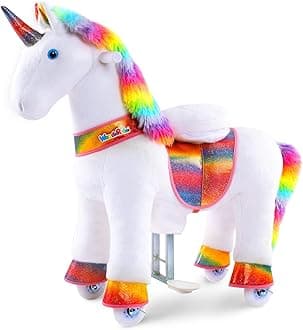 WondeRides Ride on Unicorn Horse Riding Pony Cycle Toys with Rainbow Glowing Wheels Size 4 for Age 4-9, 36 inch Height Riding Horse Unicorn Plush Giddy up Mechanical Toy for Child Boys Girls M432