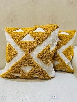 Furnistitchs Premium Decorative Throw Cushion Pillow Cover Boho Home Decor - Living Room Bedroom Couch Sofa Cushion Covers 16 inch x 16 inch (Mustard Zigzag, 2)