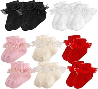 Baby Girl Ruffle Socks Eyelet Double Lace Turn Cuff Ankle Frilly Dress Socks for Newborn/Infant/Toddler/Little Kids