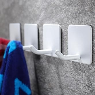 YIGII Adhesive Towel Hooks/Self Adhesive Hooks - White Heavy Duty Wall Hooks Stick on Hanging Robes Coats Clothes Hooks for Bathroom Kitchen Bedroom Hallway Door, Stainless Steel 4-Packs