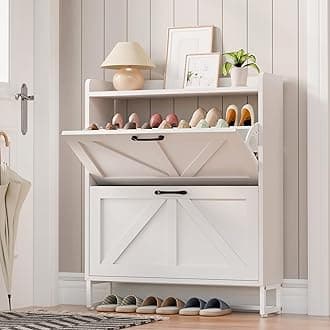 Entryway Shoe Cabinet with 2 Flip Drawers, Slim Shoe Rack Cabinet, Freestanding Hidden Shoe Organizer Cabinet with Metal Legs, Shoe Cabniet for Entryway with Storage, Hallway, Foyer, White