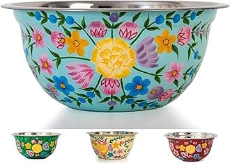 Large Hand Painted Stainless Steel Fruit Bowl - Decorative Floral Salad Mixing and Serving Bowl - Traditional Kashmiri Art for Home Decor (Turquoise) (SHDBLT24)