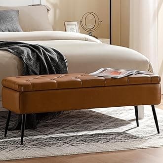 Leather Storage Ottoman Bench,End of Bed Bench for Living Room Bedroom Dinning Room Entryway,Mid-Century Modern, with Steel Legs,Safety Hinges, Loads 660 lb (with Button, Brown)