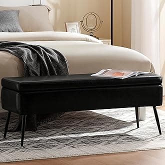 Leather Storage Ottoman Bench,End of Bed Bench for Living Room Bedroom Dinning Room Entryway,Mid-Century Modern, with Steel Legs,Safety Hinges, Loads 660 lb (Without Button, Black)