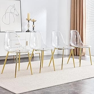 Baysitone Clear Dining Chairs Set of 4, Modern Kitchen Chairs with Transparent Seat, Acrylic Accent Side Chairs with Plating Metal Legs for Dining Room, Kitchen, Living Room with Gold