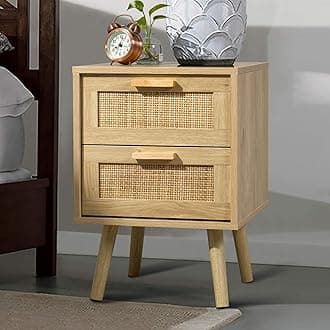 Finnhomy Nightstand, End Table, Side Table with 2 Hand Made Rattan Decorated Drawers, Wood Accent Table with Storage for Bedroom, Natural (Patented)