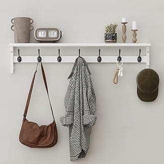 Coat Rack Wall Mount, 35 Inch Large Coat Hooks Wall Mounted with 7 Dual Metal Hooks and 2 Side Hooks, Wall Hooks with Shelf in Entryway, Kitchen, Living Room, Bathroom, Bedroom (White)