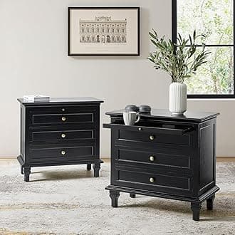 HULALA HOME Farmhouse 3 Drawer Nightstand with Charging Station, Drawer Organizer with Wood Legs, Nightstand with Pull-Out Shelf Set of 2(Black)