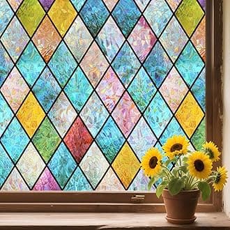 WPCTEV 3D Window Film No Glue Privacy for Glass Sticker Static Cling Heat Control Anti UV Non-Adhesive Decorative Rhombus 29.5 Inch x 6.5 Feet