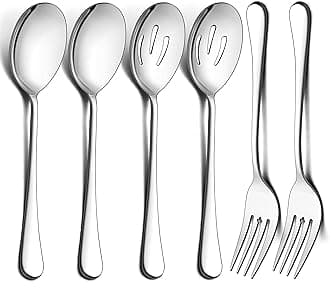 6-Piece Large Serving Spoons and Forks Set, 9.8 Inch Stainless Steel Buffet Catering Party Banquet Serving Spoon Fork, Mirror Finished, Dishwasher Safe