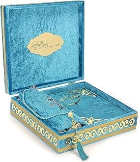 ihvan online Luxury Islamic Prayer Velvet Covered Gift Box, Deluxe 4 Piece Set with Elegant Velvet Covered Quran & Prayer Beads Tesbih & Prayer Rug, Ramadan & Eid Gift, Petroleum…