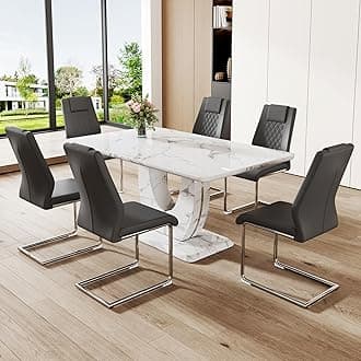 Dining Table Set for 6, Kitchen Table Chairs Set of 6, Modern Dining Room Set with 63'' Marble Dinner Table PU Leather Upholstered Chairs for Dining Room Kitchen (Grey-C)