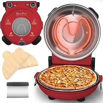 Baker’s Friend Electric Pizza Oven Indoor Countertop, 12 Inch Pizza Maker Machine for Home, Pizza Cooker & Pizza Grill, Premium Glazed Ceramic Stone Pizza Oven, Chilli Red