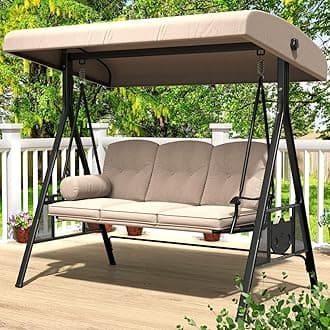 AECOJOY Outdoor Porch Swing, 3-Seat Porch Swing with Adjustable Canopy, Outdoor Swings for Adult with Beige Removable Cushions for Backyard, Garden, Yard, Poolside, Balcony