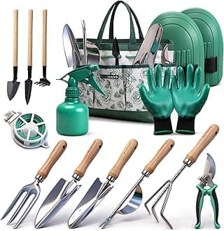 Bluemars Gardening Hand Tool Kit 14PCS Heavy Duty Stainless Steel Garden Tool Set with Floral Garden Tote -Outdoor Gardening Transplanting Gifts for Woman