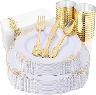 Nervure 175PCS White and Gold Plastic Plates - Disposable Dinnerware Set Include 50 Gold Plates for Dinner and Dessert, 75 Cutlery, 25Cups 25Napkins for Wedding & Party & Thanksgiving