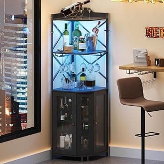 JKsmart Corner Bar Cabinet with LED Lights, 5-Tier Industrial Wine Bar Cabinet with Glass Holder, Farmhouse Liquor Cabinets with Shelf and Door, Home Bar for Coffee Bars, Black
