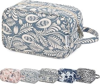 Travel Toiletry Wash Bag for Women Traveling Dopp Kit Makeup Bag Organizer for Toiletries Accessories Cosmetics (Blue Leaf)