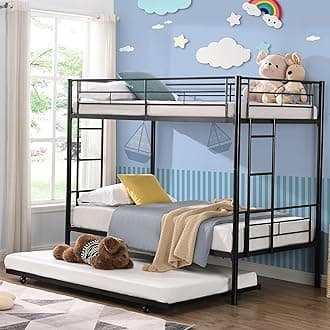 Metal Twin Over Twin Bunk Bed with Trundle, Heavy Duty Twin Size Bunk Bed Frame with Trundle and 2 Built-in Ladder and 11.8" Safety Guardrail for Kids and Teens and Adults, Easy Assemble (Black)