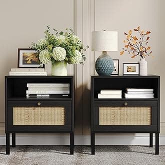 Angel Sar Natural Rattan Nightstands Set of 2, Accent End Table, Boho Bedside Table with 1 Hand Made Decorated Door for Living Room, Bedroom, Black