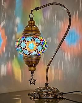 DEMMEX Turkish Moroccan Mosaic Table Lamp – Handcrafted Tiffany-Style Colorful Glass Swan Neck Bedside, Desk, Table Light, Boho Artisan Accent Lighting for Bedroom or Living Room – 15" H, Blue Multi