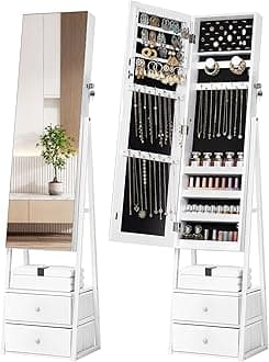 Nicetree Jewelry Cabinet Armoire, Lockable Standing Jewelry Mirror Cabinet, Full Length Mirror with Jewelry Storage, Large Storage Organizer with Superior Storage Capacity, 2 Storage Drawers, White