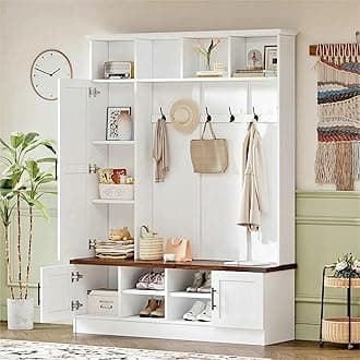Farmhouse Wood Hall Tree with 6 Hooks and Shoe Bench, Mudroom Versatile Coat Racks with Cabinets and Shelves, Entrance Organizer for Hallway White