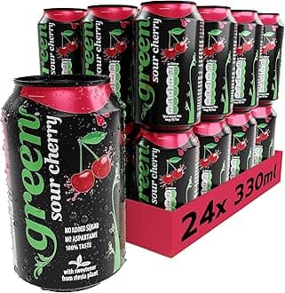 Green Sour Cherry Soft Drink - Low Calorie Fizzy Drink with 10% Natural Juice - No Added Sugar, Sweetened with Stevia - No Aspartame - Cherry Soda Cans of Pop 24 Pack (330ml x 24)