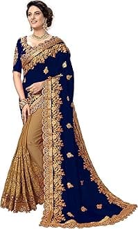 TRENDMALLSWomen's Silk Satin Embroidery Work Saree with Unstitch Blouse Piece Half Half Saree fro Women