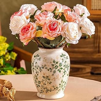 Vintage Green and Beige Vase, Round Ceramic Floral Vase, Retro Ice Cracked Chinoiserie Vase for Home Decor, Living Room, Bookshelf, Office, Grand Millennial Decor, Rustic Table Centerpiece 8 Inch