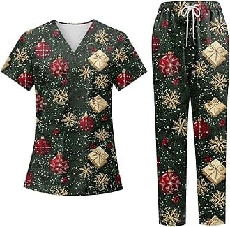 Generic Christmas Scrubs Set for Women Nurse Uniform Top & Pants with Multi Pocket for Nurse Esthetician Workwear
