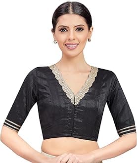 Studio ShringaarWomen's Readymade Silky Saree Blouse Elbow Length Sleeves With Embroidered Neckline Choli