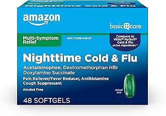 Amazon Basic Care Nighttime Cold & Flu Relief, Pain Reliever, Fever Reducer, 6 Hour Cold Medicine, Cough Suppressant, Antihistamine, 48 Count