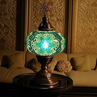 Mozaist Turkish Mosaic Table Lamp with Bulb – Handmade Turquoise-Teal Stained Glass Light, Vintage Bohemian Bedroom & Living Room Decor, E12 Socket & US Plug
