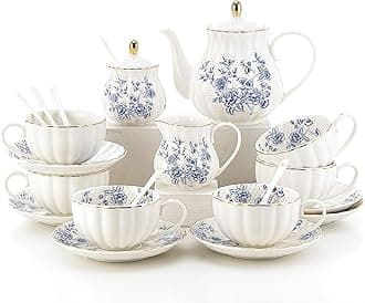 Bloosnow 22 Pieces Porcelain White Tea Sets for Adult,Gold British Tea Set for Women,European Tea Set for Party,White Coffee Cup (Blue), just right size, HFB0001P