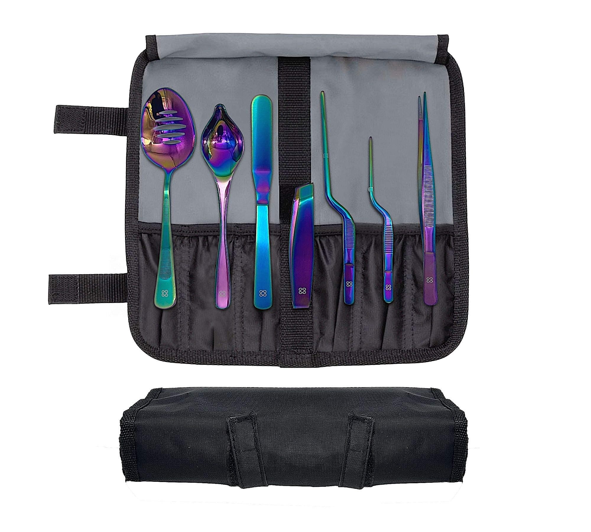 DOJA Barcelona | Chef Plating tools culinary set | RAINBOW | 7 Professional cooking Utensils | 3 kitchen tweezers Drawing Pencil Spoon Fish tongs Spatula Slotted spoon | Modernist cuisine food art