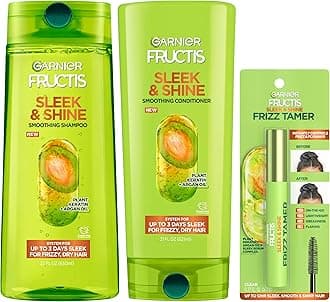 Garnier Fructis Sleek & Shine Shampoo (22 Fl Oz), Conditioner (21 Fl Oz) + Frizz Tamer (0.28 Fl Oz) Set for Frizzy, Dry Hair, Plant Keratin (3 Items), 1 Kit (Packaging May Vary)