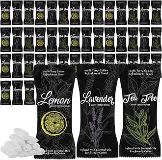 VitalCozy 240 Pcs Moist Cotton Towel Moist Towelettes Individually Wrapped Scent Disposable Face Towel 8.6'' x 8.6'' Hot/Cold Moistened Cleansing Wipes, Lemon Tea Tree and Lavender Scent (Black)