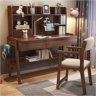 Kids Study Desk and Chair Set Multifunctional Solid Wood Desk for Kids Room 6-18 Height Adjustable Children School Study Desk with 0-60° Tilt Desktop, for Boys Girls (Color : Brown, Size : 120x60x13