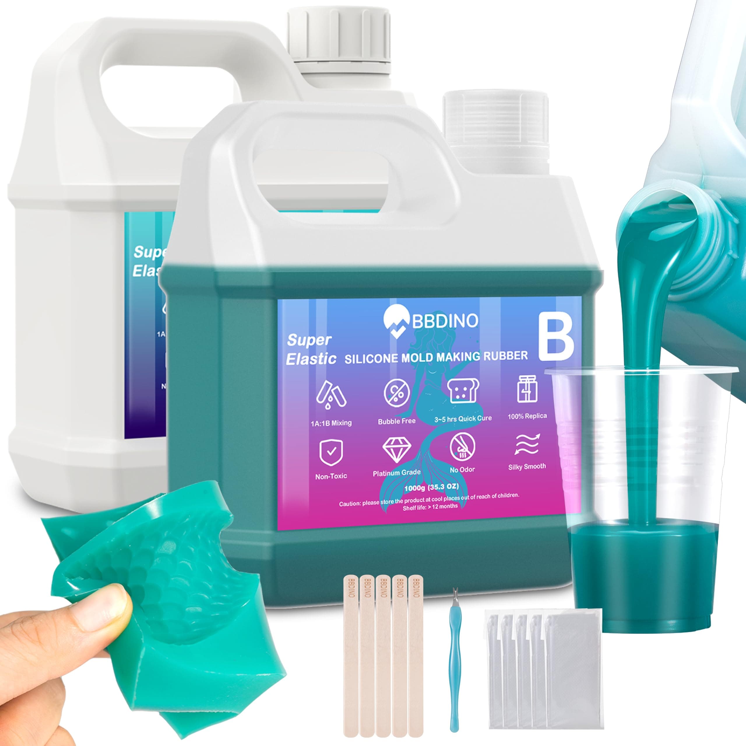 BBDINO Super Elastic Silicone Mold Making Kit 70.56 Oz, Liquid Silicone for Mold Making, Silicon Rubber for Molds Maker 1:1 by Volume Ideal for Casting with Resins | Plaster | Candle | Soap etc.