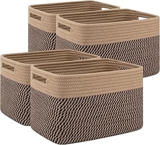 4 Pack Shelf Baskets for Organizing Home - Perfect for Toys, Books, and Clothes, Versatile Woven Storage Baskets with Handles, Cube Storage Bins, 13''L x9''W x7.8''H, Black and Brown