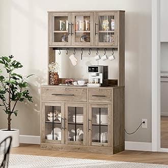 YITAHOME 71" Farmhouse Kitchen Pantry Storage Cabinet with Power Outlet, Freestanding Pantry Hutch Cabinets with Large Countertop, Microwave Stand & Adjustable Shelves, Lvory Grey