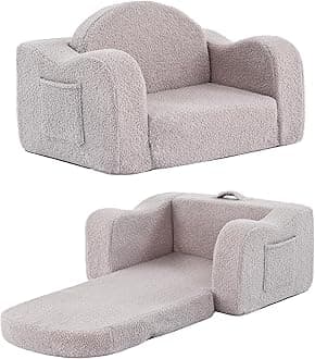 Tiita Kids Sofa, 2-in-1 Toddler Convertible Sofa & Lounger, Flip Out Kids Sofa Chair, Toddler Foldable Foam Couch with Armrests & Removable Cover, Easy Clean for Girls & Boys Bedroom/Playroom, Grey