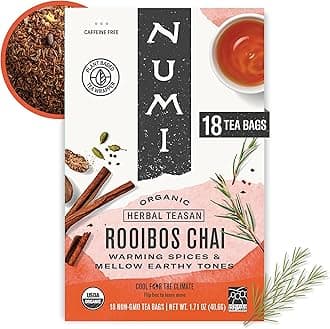 Numi Organic Rooibos Chai Tea, 18 Caffeine Free Herbal Bags, Microplastic Free, Rich Flavor with Cinnamon, Allspice & Ginger